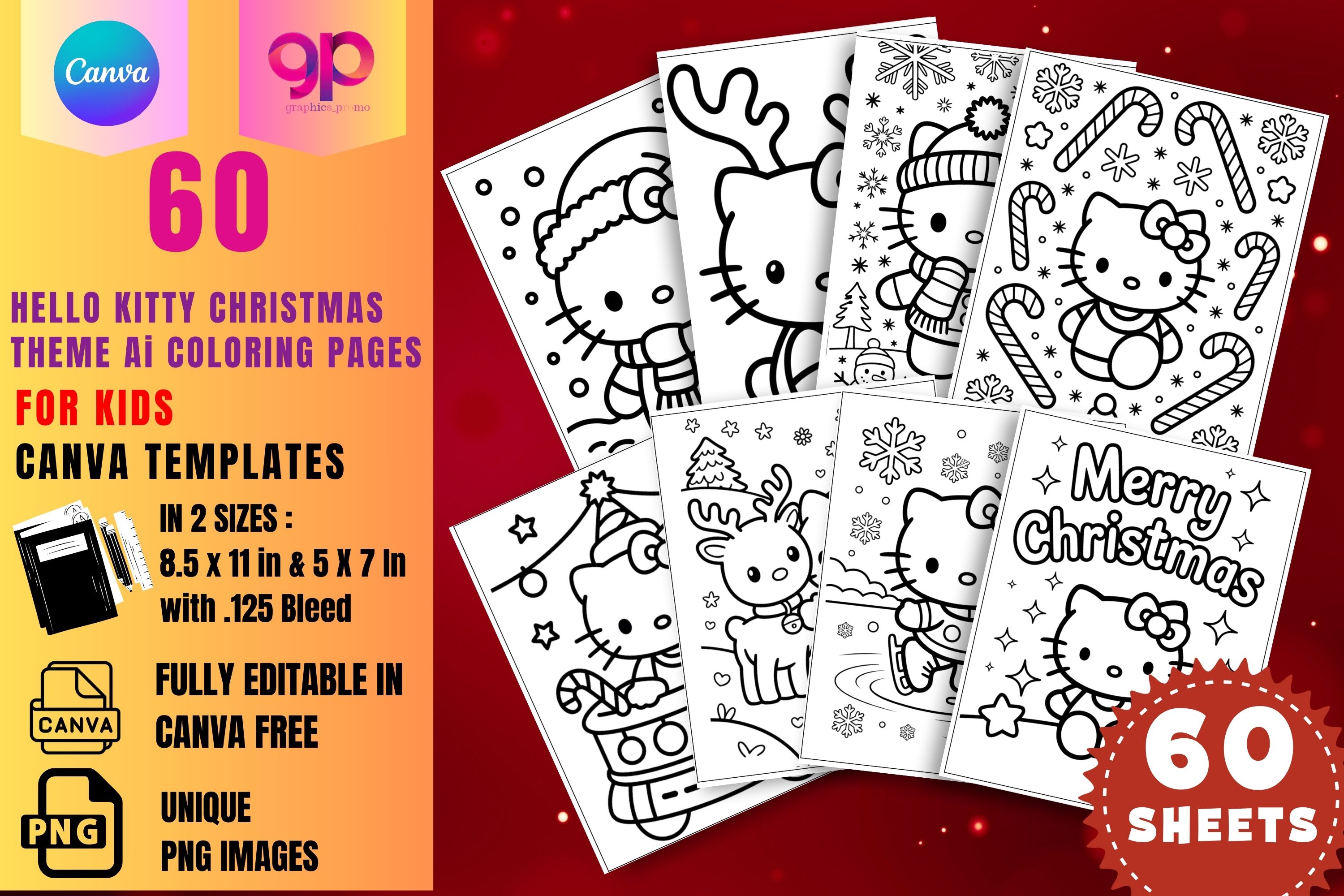 60 Sheet Hello Kitty Christmas Theme Ai Coloring Pages for Kids