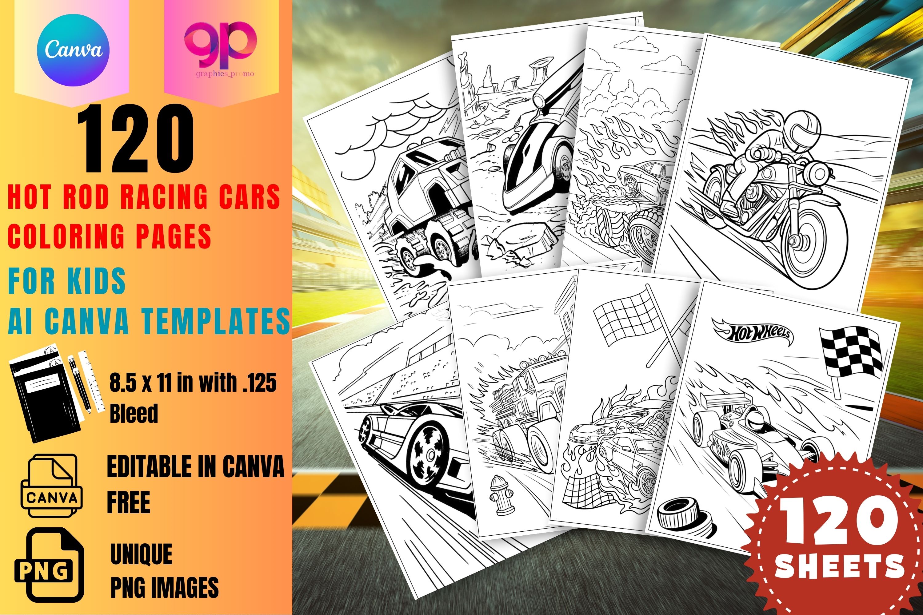 120 Hot Wheels Big Bundle – AI Coloring Pages for Kids Canva Templates