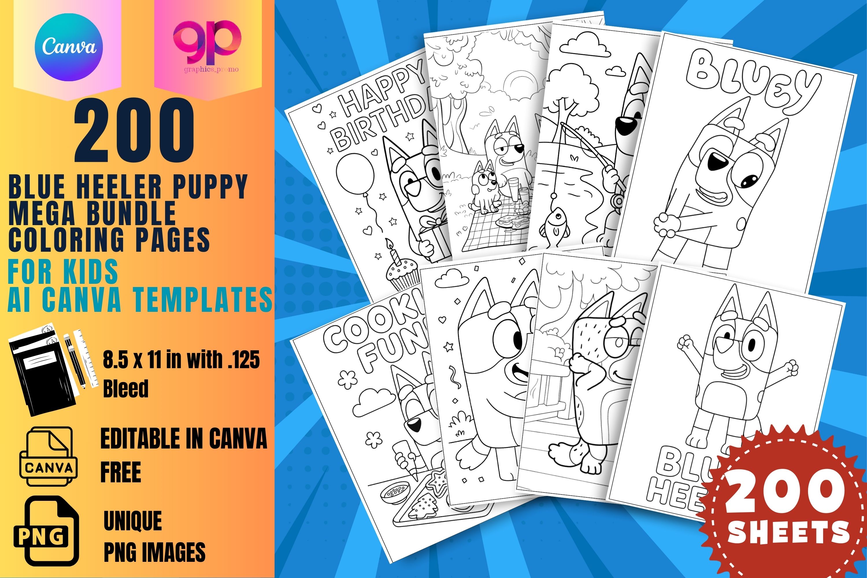 200 Bluey Mega Bundle Ai Coloring Pages for Kids | Editable in Canva Free
