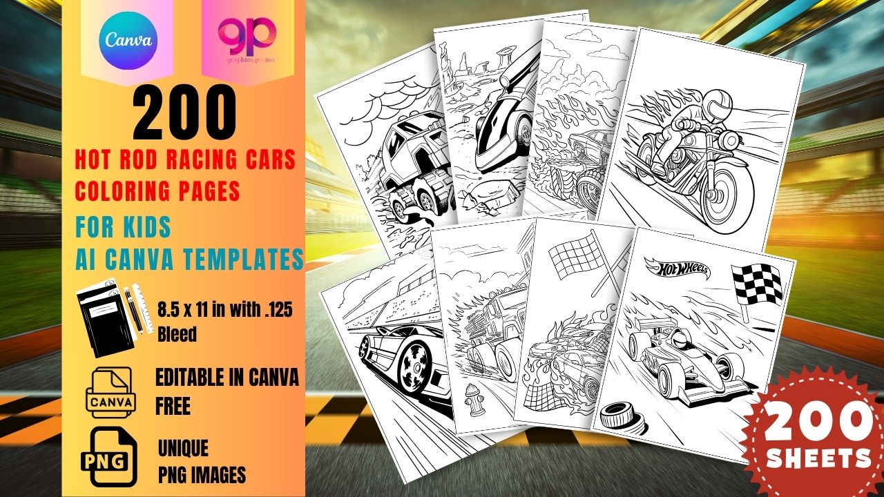 200 Hot Wheels Coloring Pages | (Digital Download, Canva Editable)